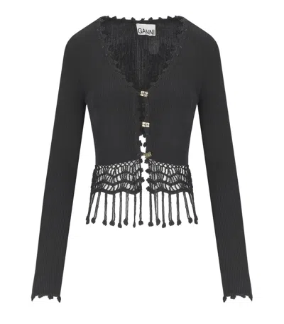 Ganni Black Shiny Viscose Crochet Cardigan In Black