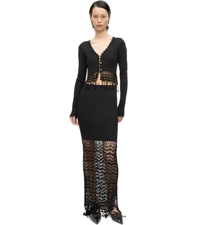 Ganni Black Shiny Viscose Crochet Cardigan In Black
