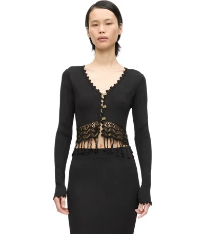 Ganni Black Shiny Viscose Crochet Cardigan In Black