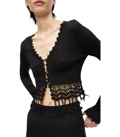 Ganni Black Shiny Viscose Crochet Cardigan In Black