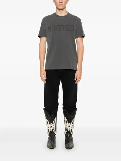 Golden Goose Green Crewneck T-shirt With Logo On The Front And Logo Patch On The Front In 60318 Anthracite
