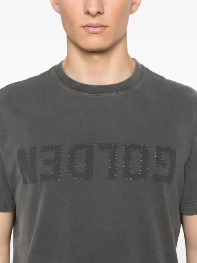 Golden Goose Green Crewneck T-shirt With Logo On The Front And Logo Patch On The Front In 60318 Anthracite