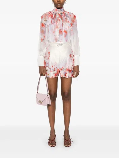 Zimmermann Red Low Waist Floral Silk And Cotton Shorts In Neutral