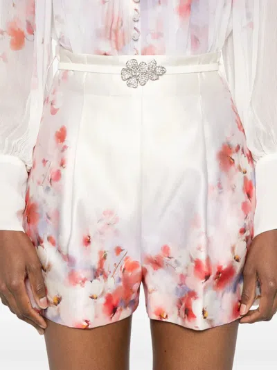 Zimmermann Red Low Waist Floral Silk And Cotton Shorts In Neutral