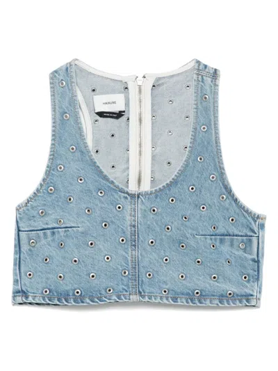 Haikure Cropped Eyelet Sleeveless Top Wide Neckline In Niagara Wash L0885