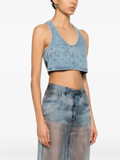 Haikure Cropped Eyelet Sleeveless Top Wide Neckline In Niagara Wash L0885