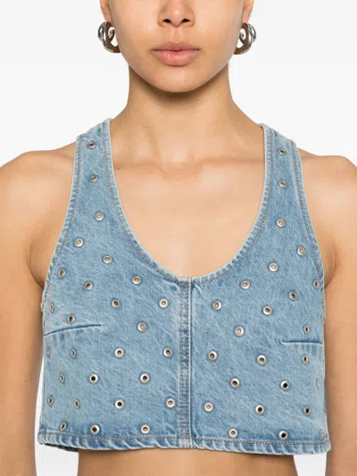 Haikure Cropped Eyelet Sleeveless Top Wide Neckline In Niagara Wash L0885