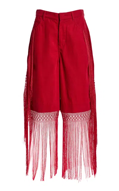Christopher Esber Macrame Fringed Corduroy Cropped Jeans In Red