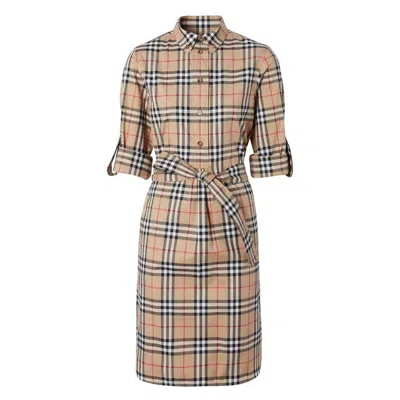 Burberry Beige Check Pattern Dress In Brown