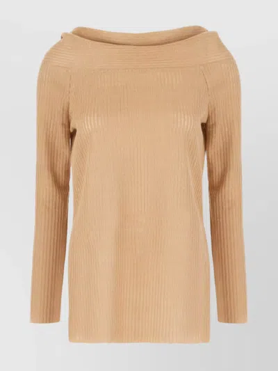 Alberta Ferretti Ribbed Texture Off-the-shoulder Knit Sweater In Neutrals