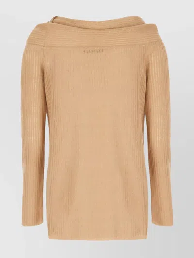 Alberta Ferretti Ribbed Texture Off-the-shoulder Knit Sweater In Neutrals