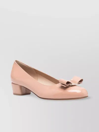 Ferragamo Round Toe Low Block Heel Patent Pumps