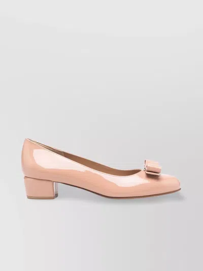 Ferragamo Round Toe Low Block Heel Patent Pumps