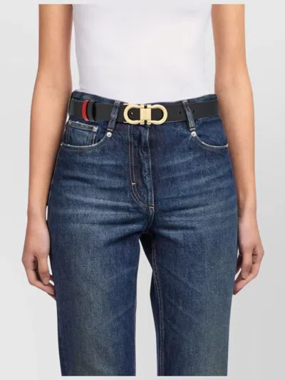 Ferragamo Reversible Leather Belt With Gold-tone Double Gancini Buckle In Black