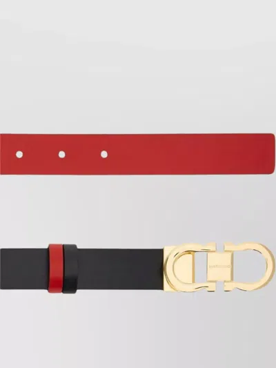 Ferragamo Reversible Leather Belt With Gold-tone Double Gancini Buckle In Black