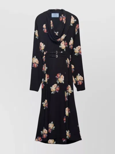 Prada Floral Cowl-neck Leather Belted Midi Dress In Black