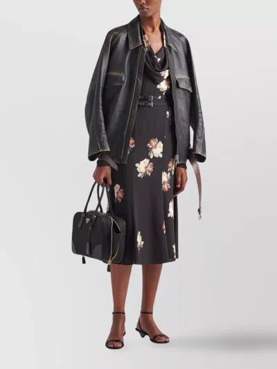 Prada Floral Cowl-neck Leather Belted Midi Dress In Black