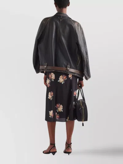 Prada Floral Cowl-neck Leather Belted Midi Dress In Black