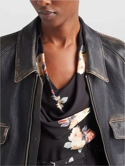 Prada Floral Cowl-neck Leather Belted Midi Dress In Black