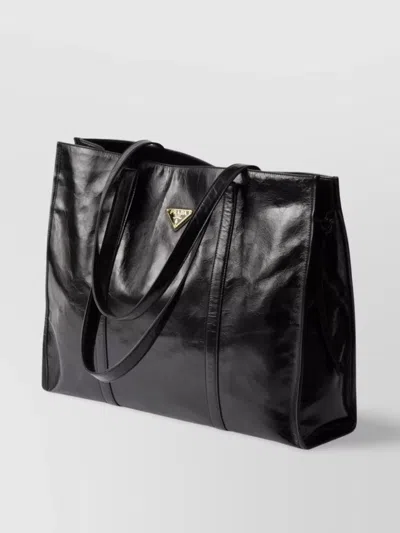 Prada Large Glossy Leather Tote Bag In Grey