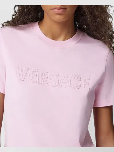 Versace Fringed Logo T-shirt For Casual Style In Pink