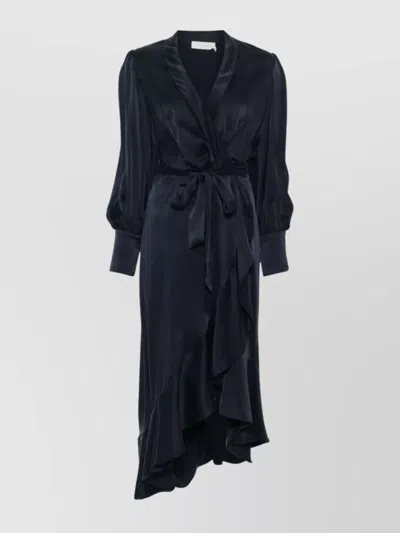 Zimmermann Long-sleeve Wrap Silk Midi Dress In Black