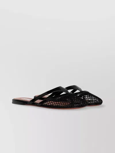 Alaïa Fishnet And Leather Flip Flops Flat Mules Shoes In Black