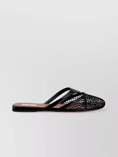 Alaïa Fishnet And Leather Flip Flops Flat Mules Shoes In Black