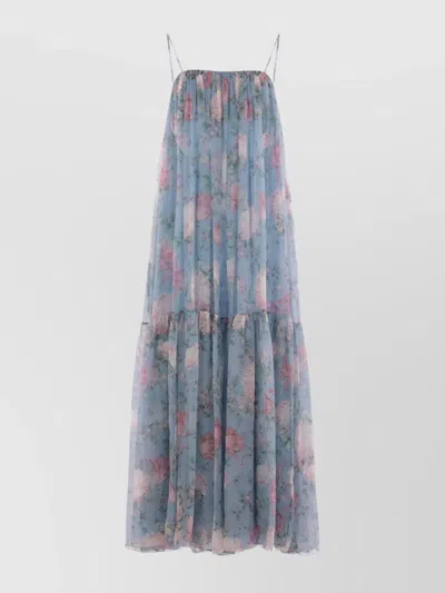 Chloé Chloe Women Long Dress Peonies Print On Organic Silk Mousseline In Blue