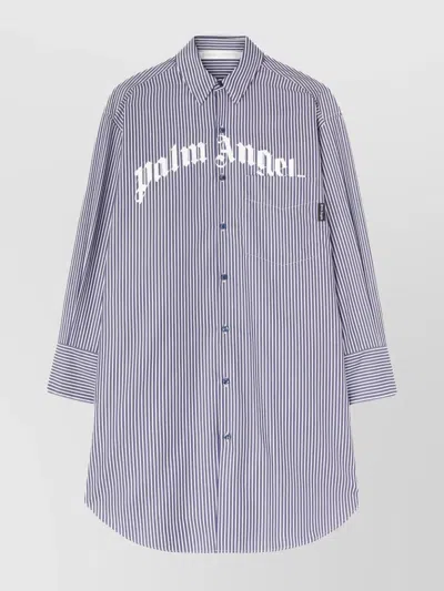 Palm Angels Striped Logo Print Midi Shirt Dress In Navy Blue - Off White