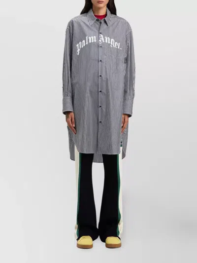 Palm Angels Striped Logo Print Midi Shirt Dress In Navy Blue - Off White