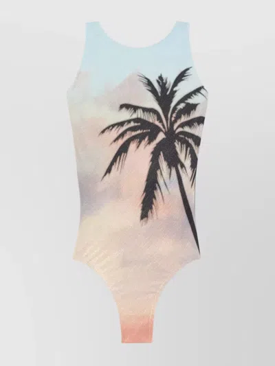 Palm Angels Sunrise Palm Print One-piece Swimsuit In Multicolor - Black