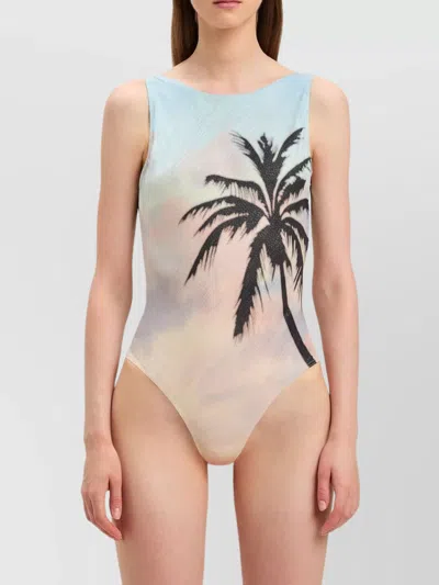 Palm Angels Sunrise Palm Print One-piece Swimsuit In Multicolor - Black