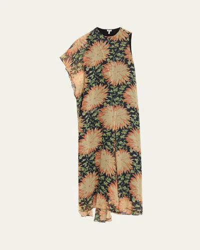 Loewe Silk Dress With Floral Pattern And Asymmetric Design In Multicolor