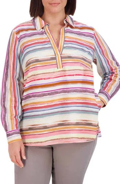 Foxcroft Sophia Watercolor Stripe Cotton Popover Tunic In Multi Stripe