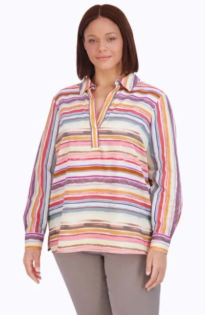 Foxcroft Sophia Watercolor Stripe Cotton Popover Tunic In Multi Stripe