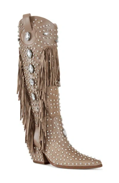 Azalea Wang Tadao Fringe & Crystal Embellished Western Boot In Beige