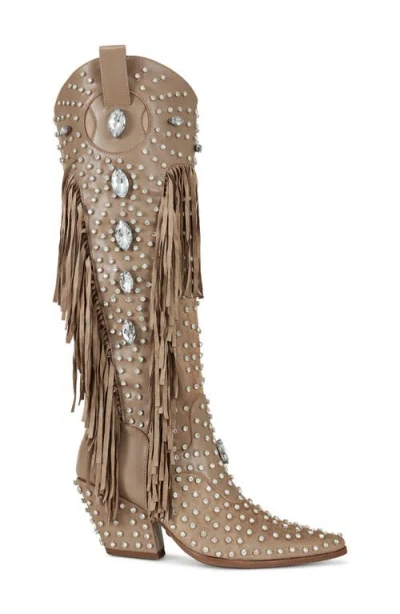 Azalea Wang Tadao Fringe & Crystal Embellished Western Boot In Beige
