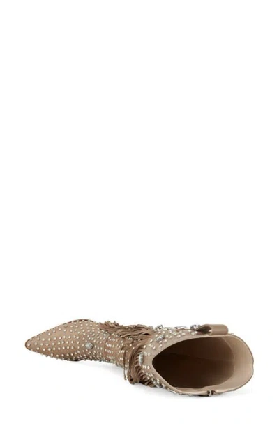 Azalea Wang Tadao Fringe & Crystal Embellished Western Boot In Beige