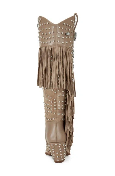 Azalea Wang Tadao Fringe & Crystal Embellished Western Boot In Beige