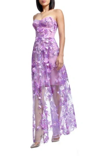 Dress The Population Melissa Sequin Floral Appliqué Strapless Gown In Lilac Multi
