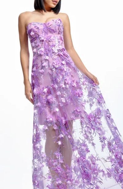 Dress The Population Melissa Sequin Floral Appliqué Strapless Gown In Lilac Multi