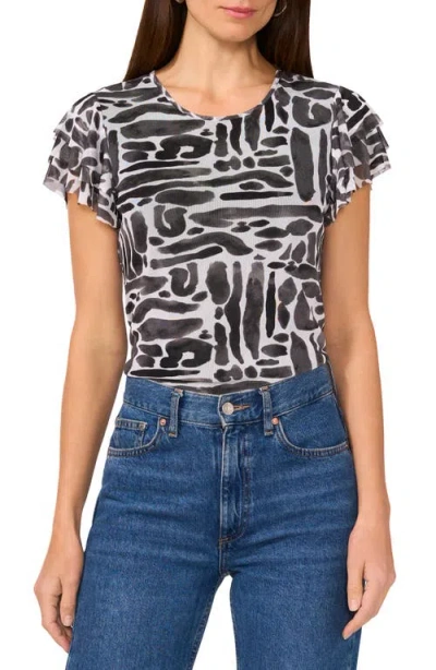 Vince Camuto Geo Print Flutter Sleeve Mesh Top In Lucent White