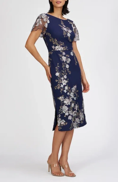 Js Collections Esmerelda Embroidered Cocktail Midi Dress In Navy