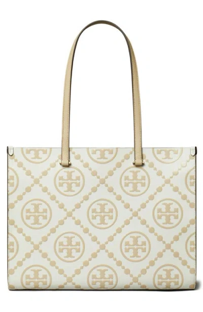 Tory Burch T Monogram Embossed Leather Tote Bag In Beige