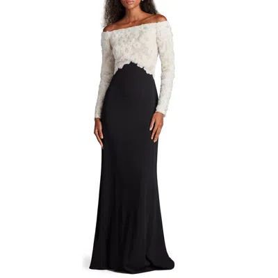 Tadashi Shoji Rhinestone Floral Off The Shoulder Mixed Media Gown In Black