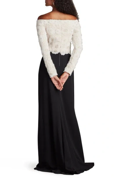 Tadashi Shoji Rhinestone Floral Off The Shoulder Mixed Media Gown In Black