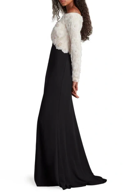 Tadashi Shoji Rhinestone Floral Off The Shoulder Mixed Media Gown In Black