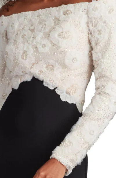 Tadashi Shoji Rhinestone Floral Off The Shoulder Mixed Media Gown In Black