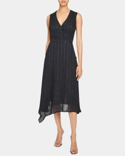 Santorelli Nia Sleeveless Midi Dress With Asymmetric Hemline And Button Details In Metallic Striped Linen In Black